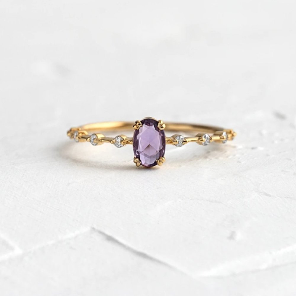 Sterling Silver Purple Oval Crystal Gold Ring